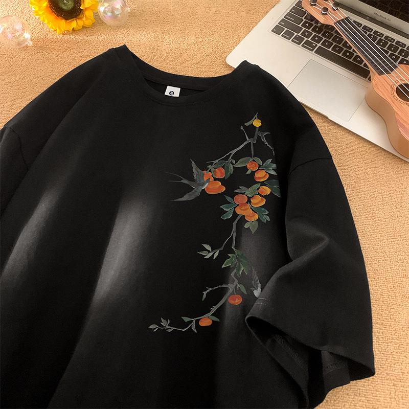 

2024 Женская новая футболка свободного кроя из чистого хлопка в китайском стиле с коротким рукавом L чёрный