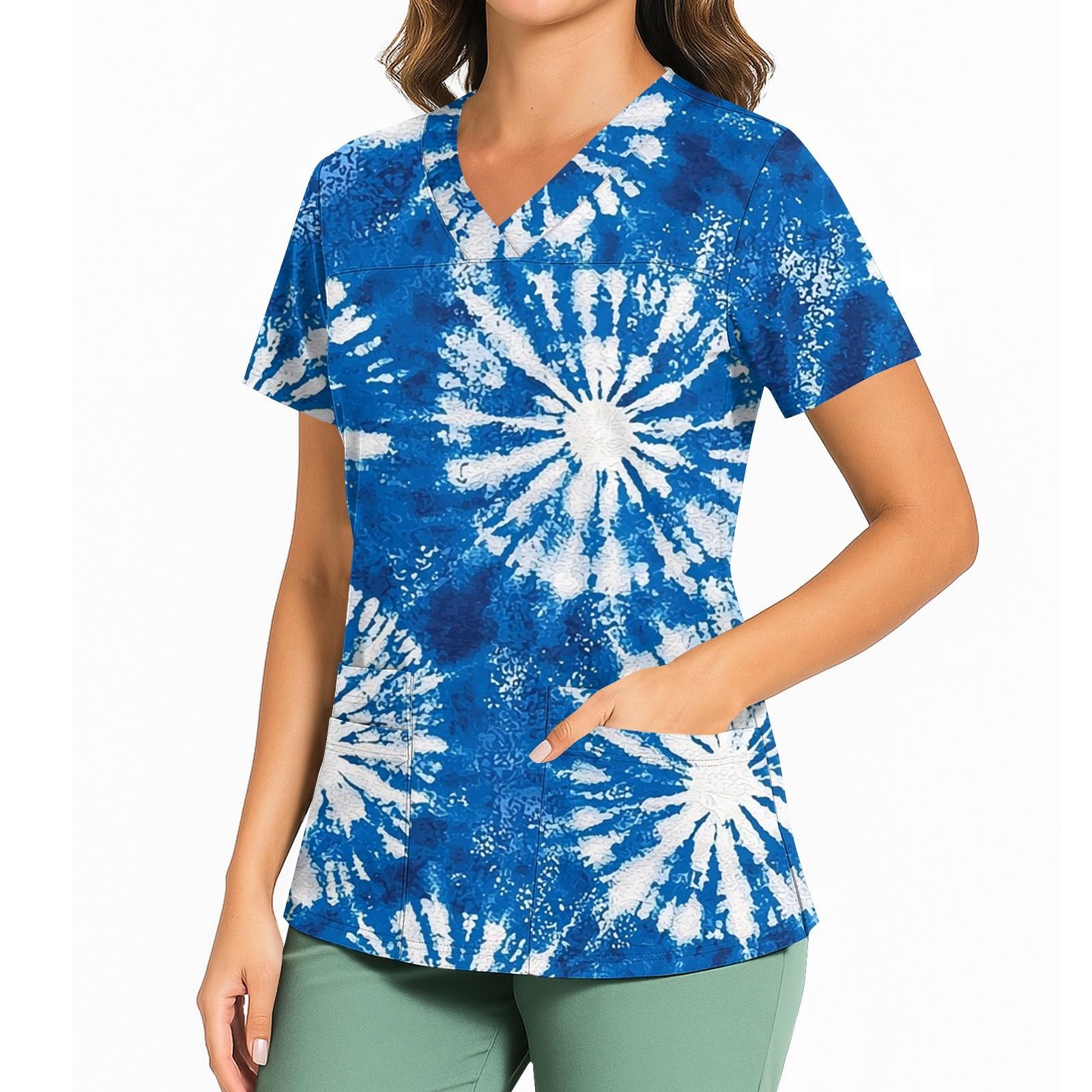 

Женский повседневный топ с принтом, V-образным вырезом, карманом, боковым разрезом и короткими рукавами XXXXXL синий