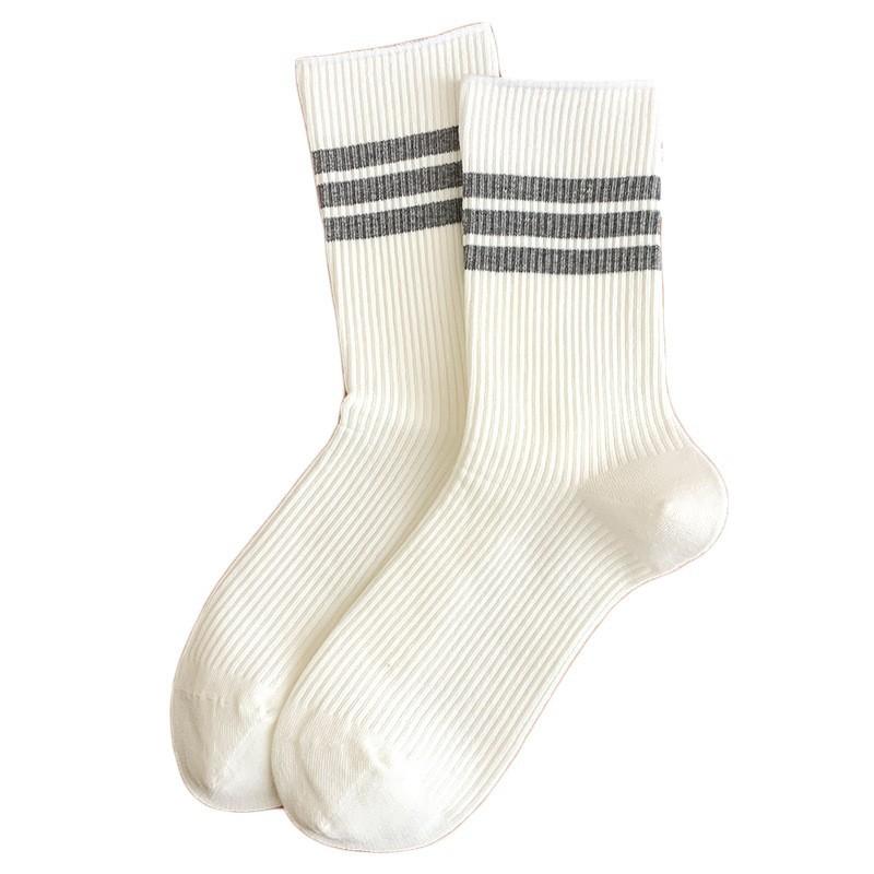 White Striped Socks Pile Socks Spring And Autumn Versatile Cotton Boneless Medium Tube Socks College Style Stockings Women