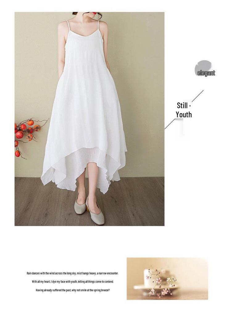 2025 Summer Cotton Linen Dual-Layer Midi Dress - Irregular Hem Literary Style