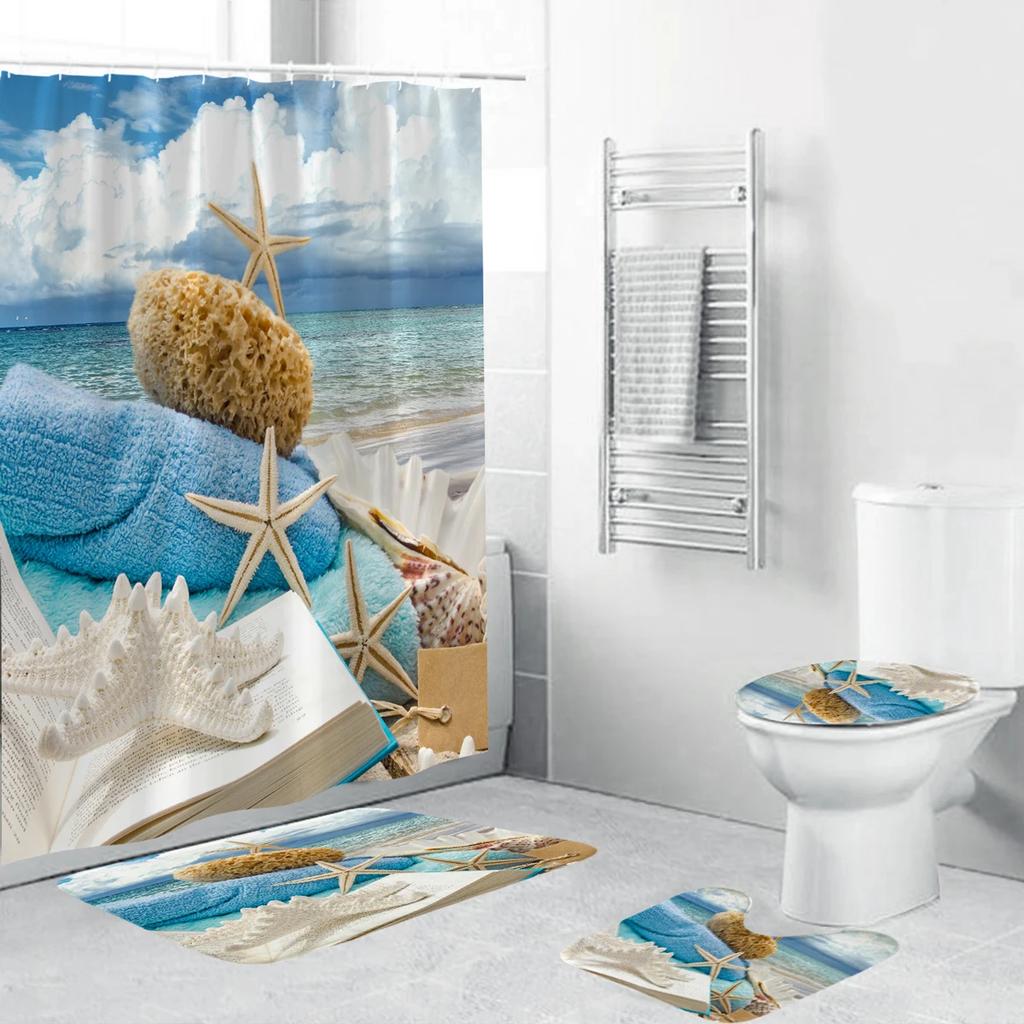 Coastal Beach Scenery 3D Printing Waterproof Shower Curtain Set Pedestal Rug Lid Toilet Cover Mat Bathroom Set With 12 Hooks