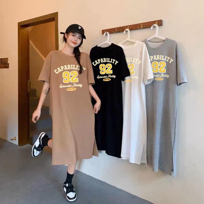 Summer Lazy T-shirt Skirt Women s Summer Short Sleeve Loose Casual Lazy Style Printed Long Large Size Dress M темно-коричневого