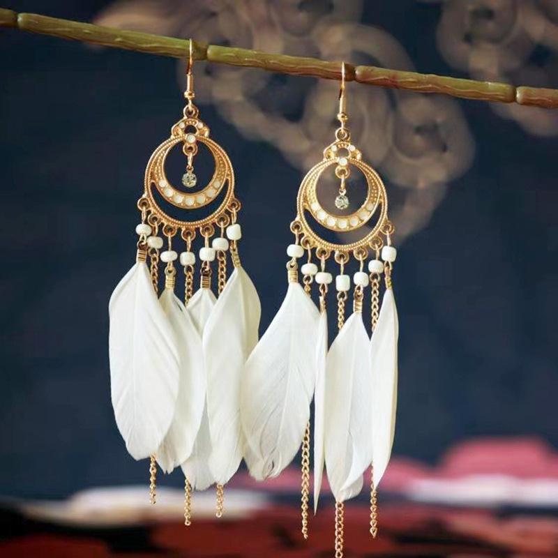 Bohemian Long Tassel Feather Earrings - Trendy Douyin-Inspired Design for Women