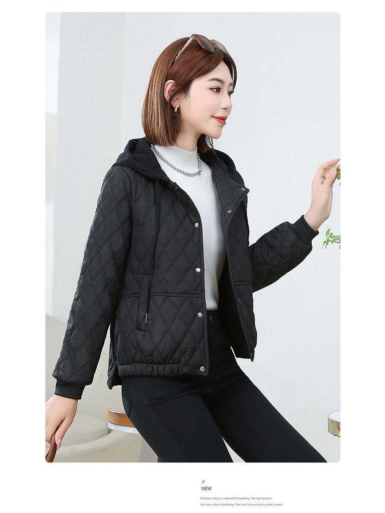 Women's Winter 2025 Rhombus Hooded Cotton-Padded Jacket - Trendy Petite Lightweight Outerwear