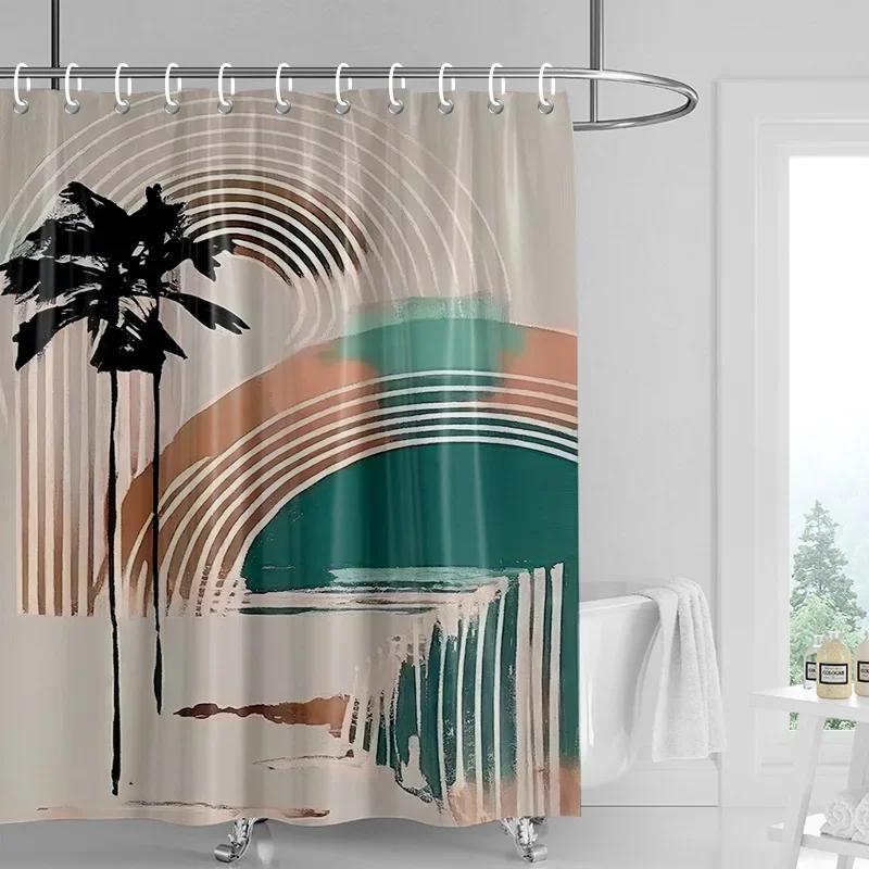 Nordic Style Bathroom Soft Fabric Shower Curtain Abstract Tropical Plant Art Pattern Waterproof Bathroom Decorative Curtain