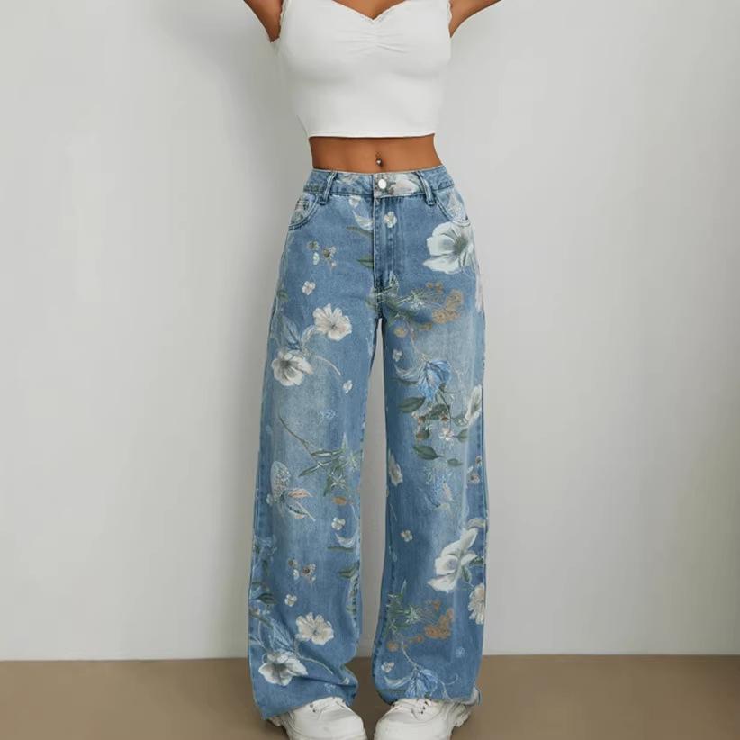 2026 Spring/Summer Women's Printed Mid-Waist Wide-Leg Jeans
