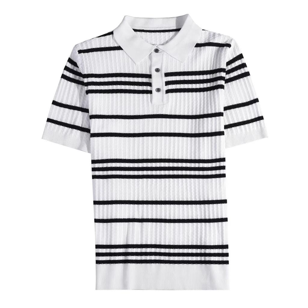Summer Men's Knit Polos Fashion Striped Turn Down Collar Short Sleeve Polo Shirts