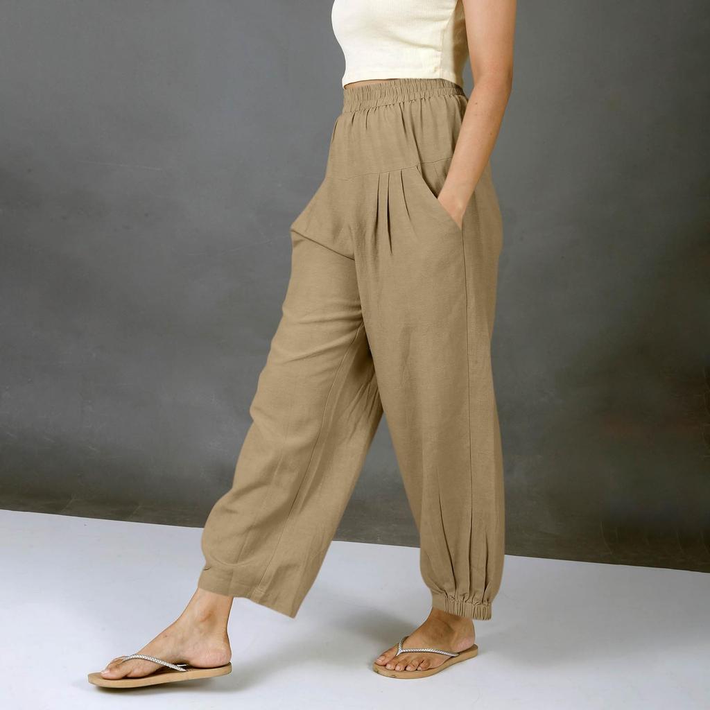 Women's Fashionable Casual -Color Cotton-Linen Trousers With Elastic Waistband And Pockets