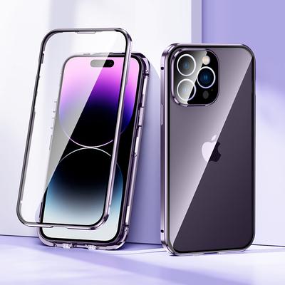 For iPhone 15 Pro Max Double Sides Tempered Glass+Metal Frame Case Straight Edge Magnetic Phone Cover with Buckle