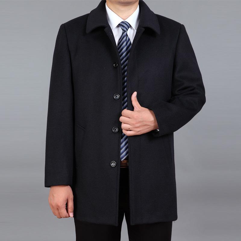 Men's Winter Collar Woolen Coat, Middle-aged Men's Solid Color Straight Hem Single Breasted Coat