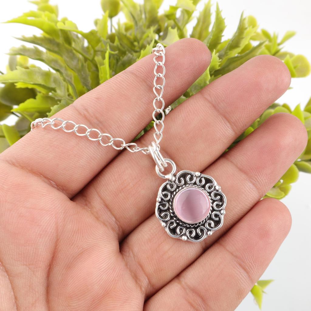 Pink Cat's Eye Pendant, 925 Sterling Silver Pendant Jewelry, Handmade Pendant Gemstone Jewelry For Memorial Day