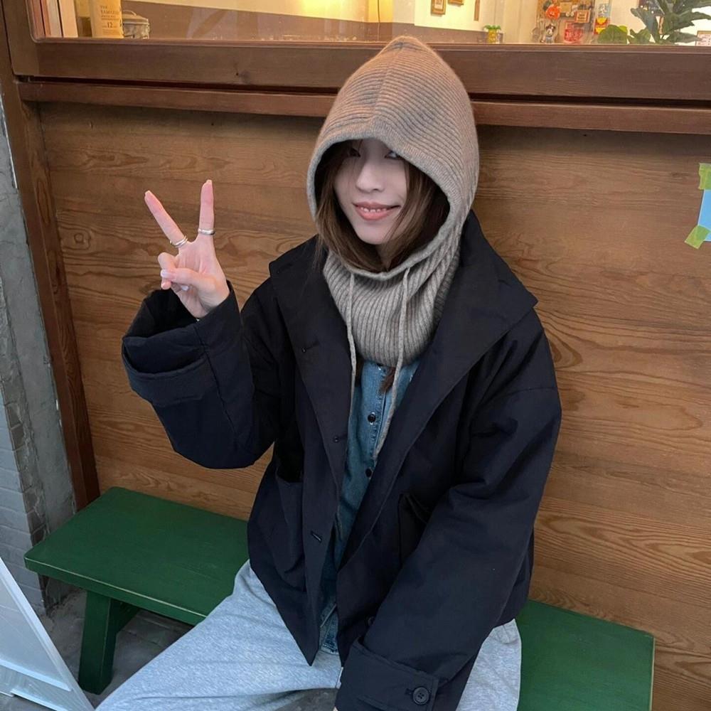 1Pc Knitted Wool Balaclava Skullies For Women Korean Winter Warm Drawstring Hooded Scarf Hat One-piece Neck Collar Beanies Cap