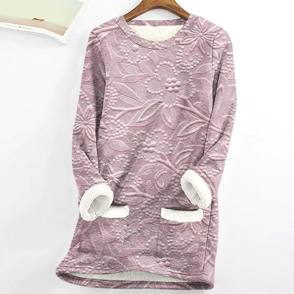 Dame Rundhals Topp Trykk Fortykket Plysj Kasjmir Varm Lang Topp