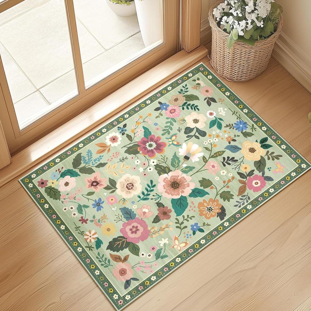 Crystal velvet carpetFloral  Area Rug Machine Washable Soft Print Boho Carpet Non Slip Doormat Low Pile Flower Area Rugs for