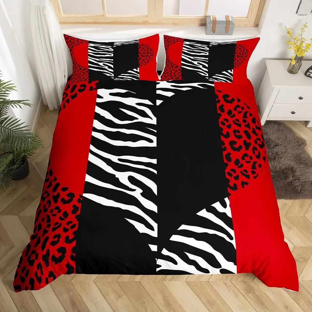 Queen Bedding Set Zebra Stripes Duvet Cover Red Glitter Lips Comforter Cover Girls Women Black White Leopard Print Duvet Set