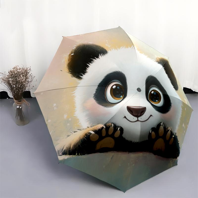 Panda Close-up pattern, automatic folding umbrella, portable and foldable design, 8 ribs, a Christmas or birthday gift.