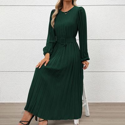 Kadın Modası İlkbahar Sonbahar Düz Renk Baskı Uzun Kollu O-Boyun Yüksek Bel Günlük Elbiseler