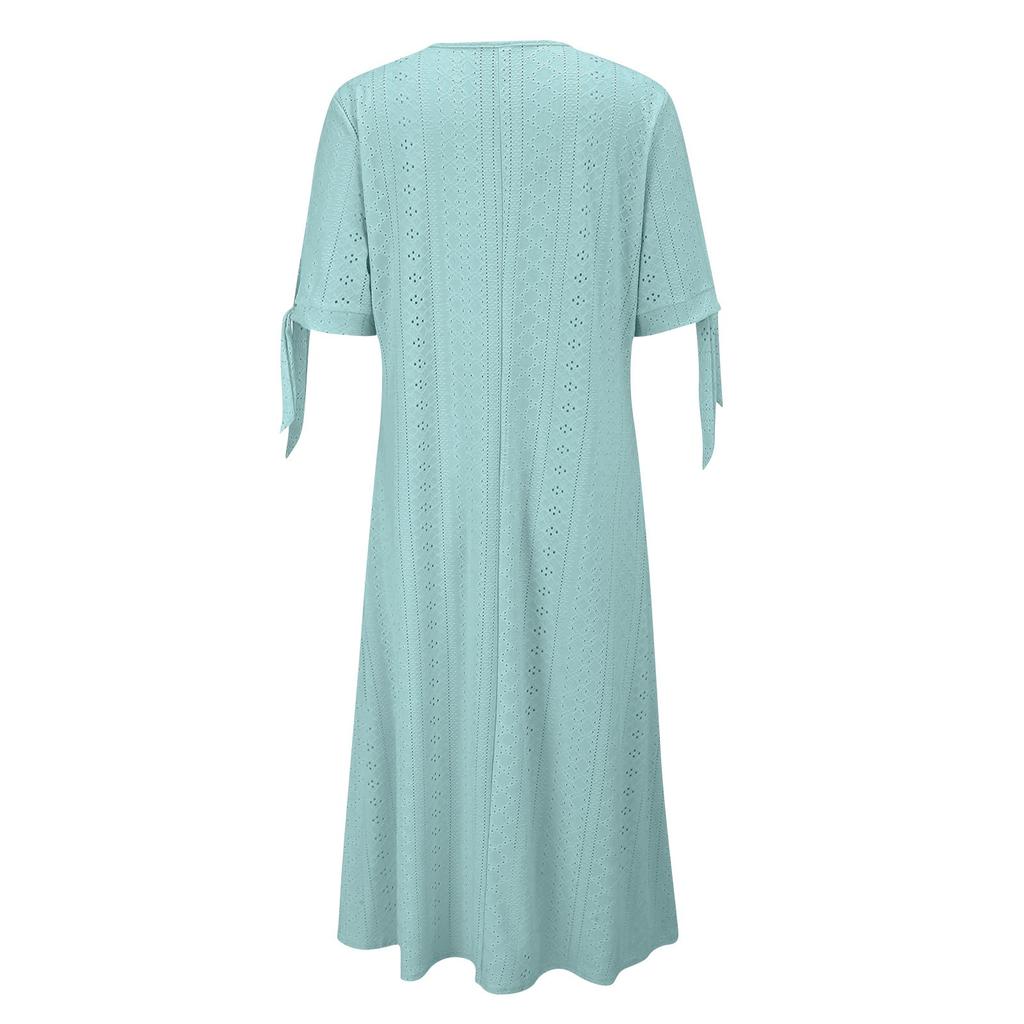 Women's Fashion Casual Color Round Neck Button Off Shoulder Short Sleeve Pocket Dress