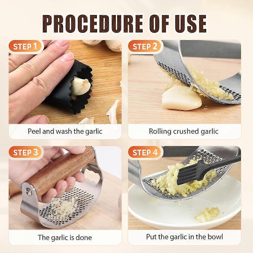 Stainless Steel Garlic Presser, Upgraded Garlic Press Rocker, Garlic Mincer Crusher, Ergonomic Wooden Handle for Home Kitchen