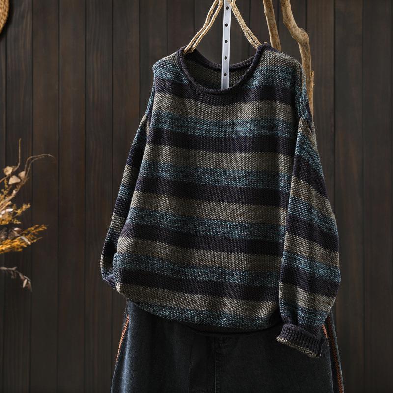 2025 Autumn Women's Striped Color Block Cotton Sweater - Loose Knit Versatile Pullover Base Layer