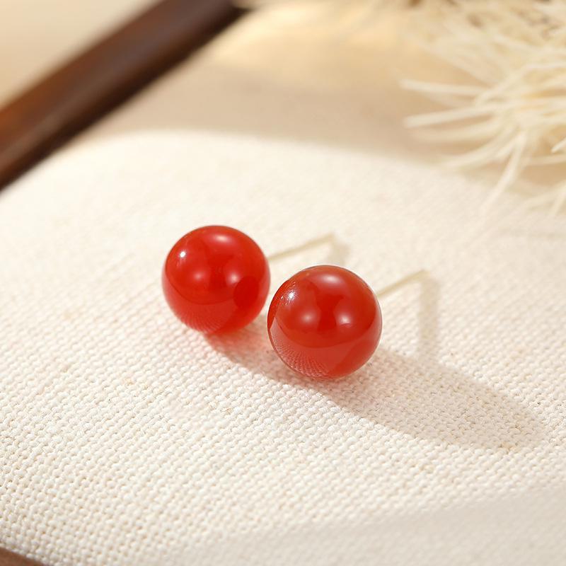 Banyan Tree Silver Red Agate Women's Earrings: Simple, Versatile, Round Beads, Retro High-End Design
