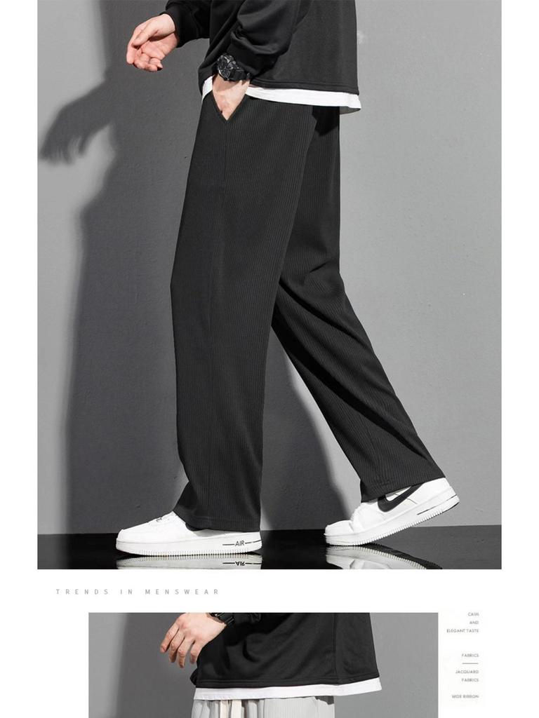 Men's Trendy Summer Ice Silk Wide-Leg Pants - Casual, Solid Color, Plus Size, Straight-Leg Sports Style