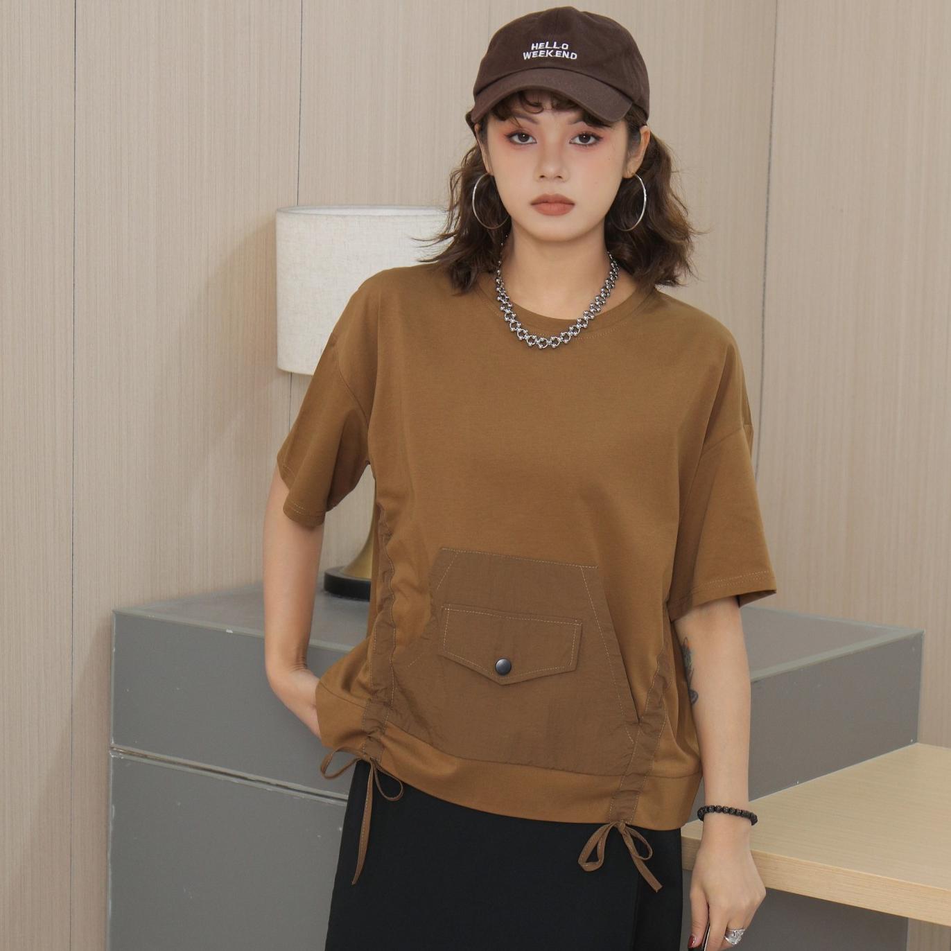 

DIMANAF 2025 Летняя футболка с карманами на пуговицах Женская с принтом Асимметричная с длинным рукавом Свободная белая черная One Size