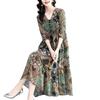 Women Midi Dress Pleated Printed Loose Hem Button Decor Patchwork Dress Up V Neck Vintage Lady Summer Dress Female Clothes