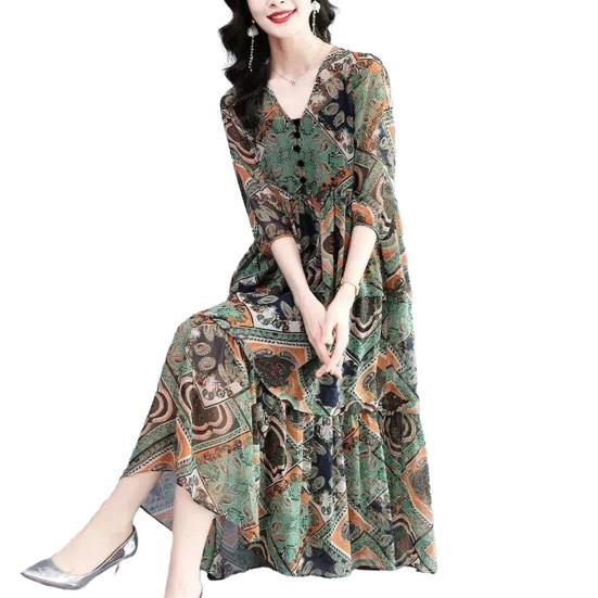 

Women Midi Dress Pleated Printed Loose Hem Button Decor Patchwork Dress Up V Neck Vintage Lady Summer Dress Female Clothes 2XL коричневий