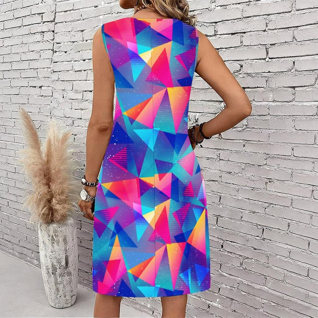 Plus Size V Neck Sleeveless Verdant Mountain Waterfall Scenery Print For Summer Vacation Dress
