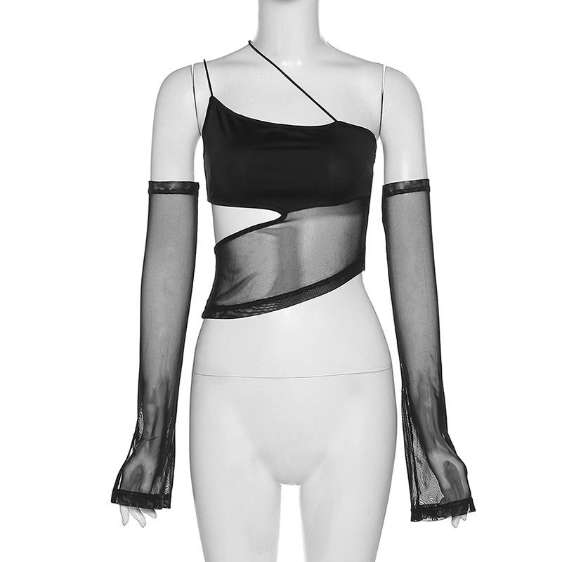 Asymmetrical Cut Out Mesh Crop Top with Sleeves Fairy Grunge Clothes Transparent Camisole Tank Tops