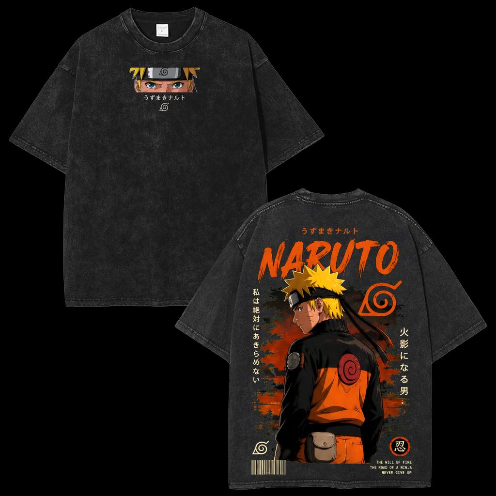 Graphic Oversized Vintage T-shirt Kurama Vs Naruto Uzumaki Anime Washed Retro Streetwear Men Women Short Sleeve High Quality Female Male Clothing