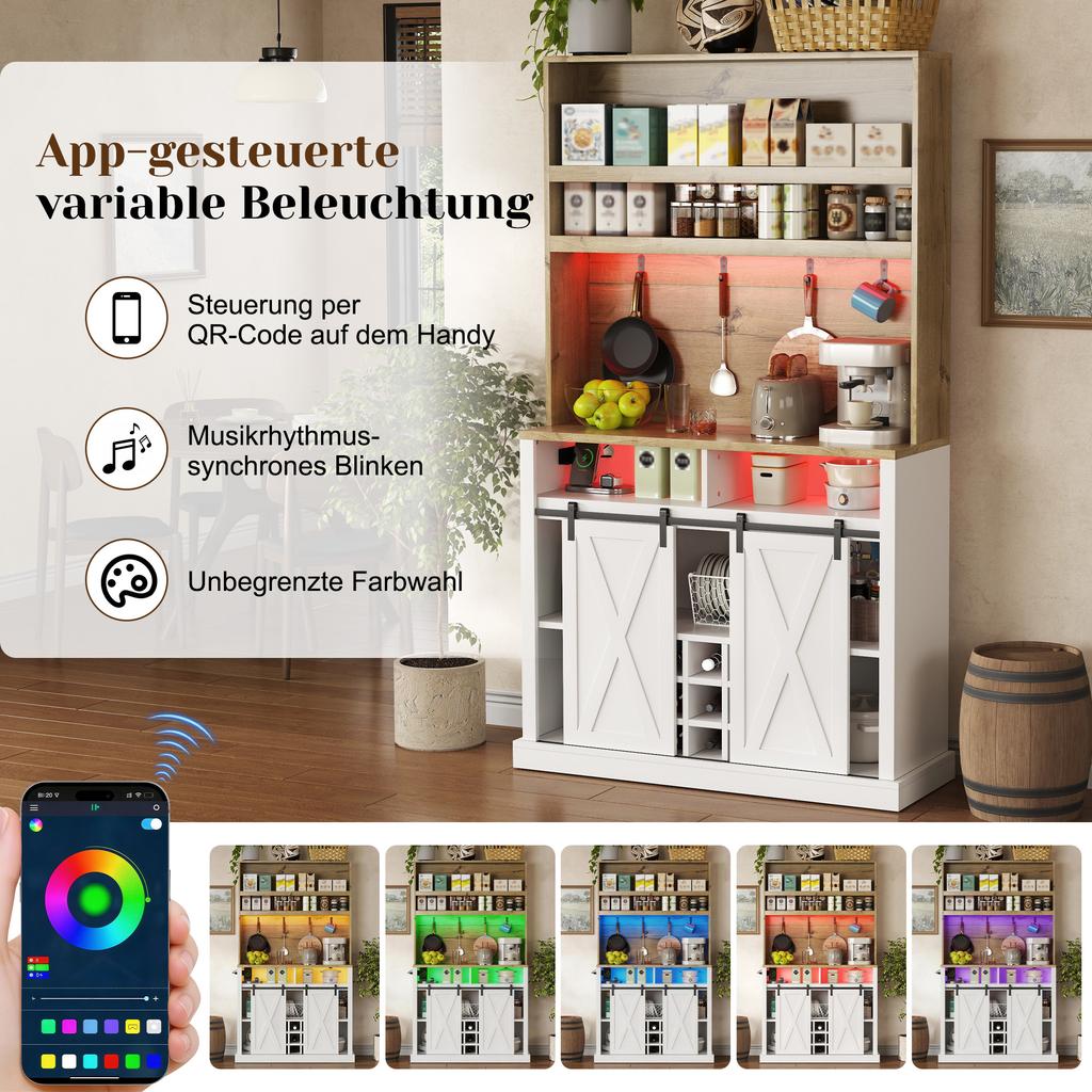 191 cm Kitchen Cabinet, Tall Cabinet with LED, Kitchen Shelf with Socket, Hooks, Wine Rack and Display Cabinet for Kitchen & Dining Room