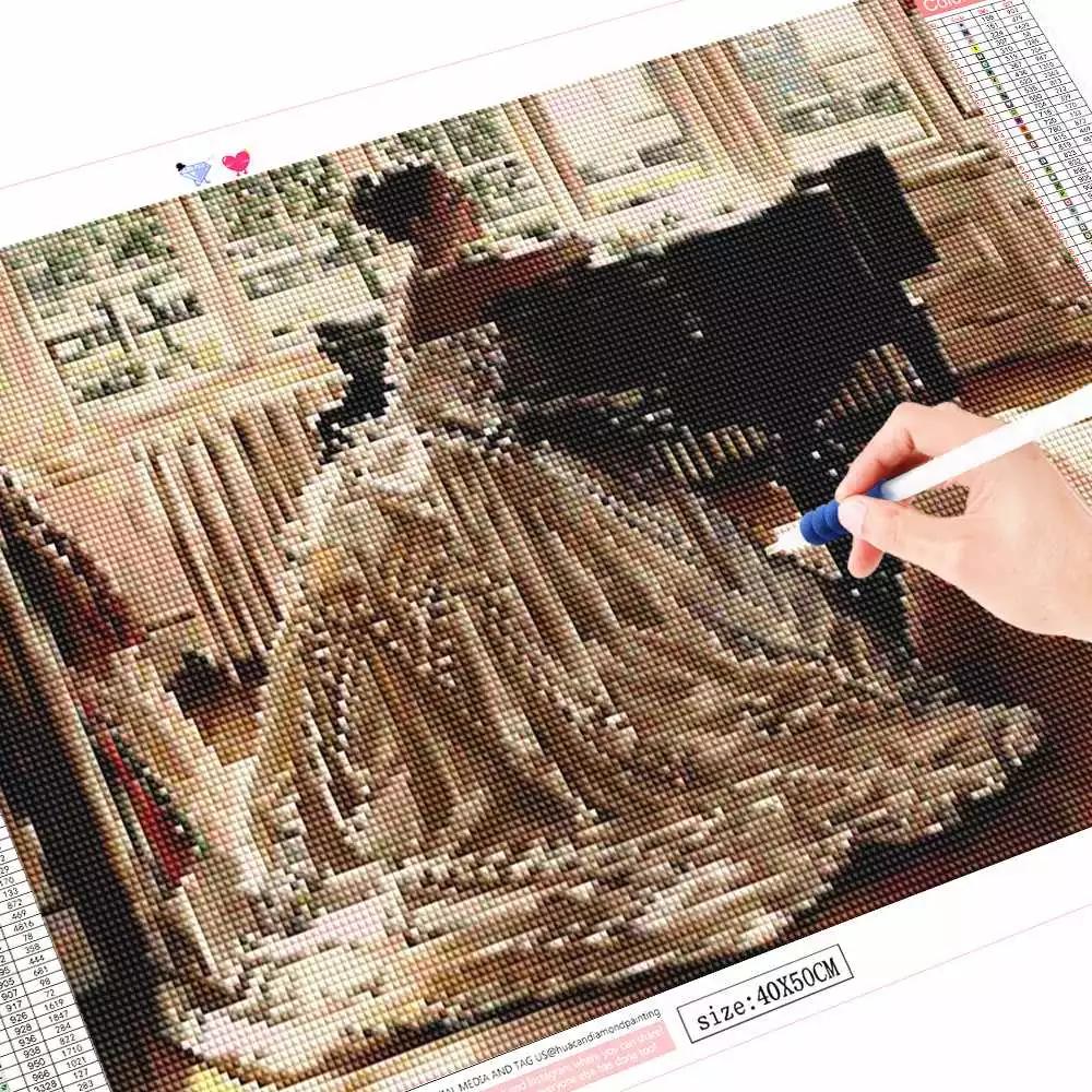 huacan DIY 5D-Diamantgemälde, Menschen, Handarbeiten, Basteln, Geschenk, komplett, quadratisch, Mädchen und Klavier, Diamant-Stickerei, Kreuzstich