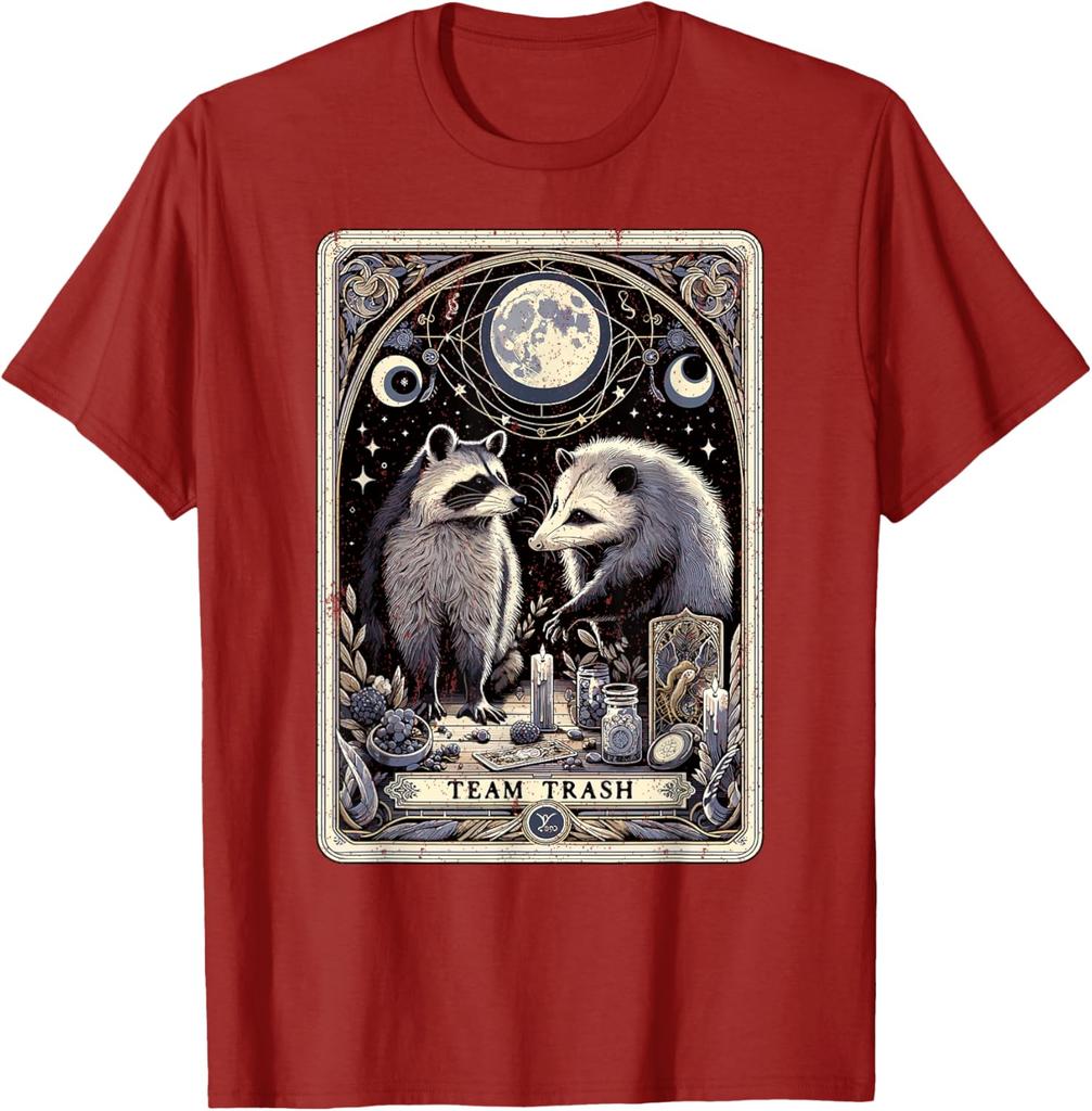 Team Trash Raccoon Opossum Tarot Card Graphic Print Cotton Short Sleeve T-Shirt Casual Trip
