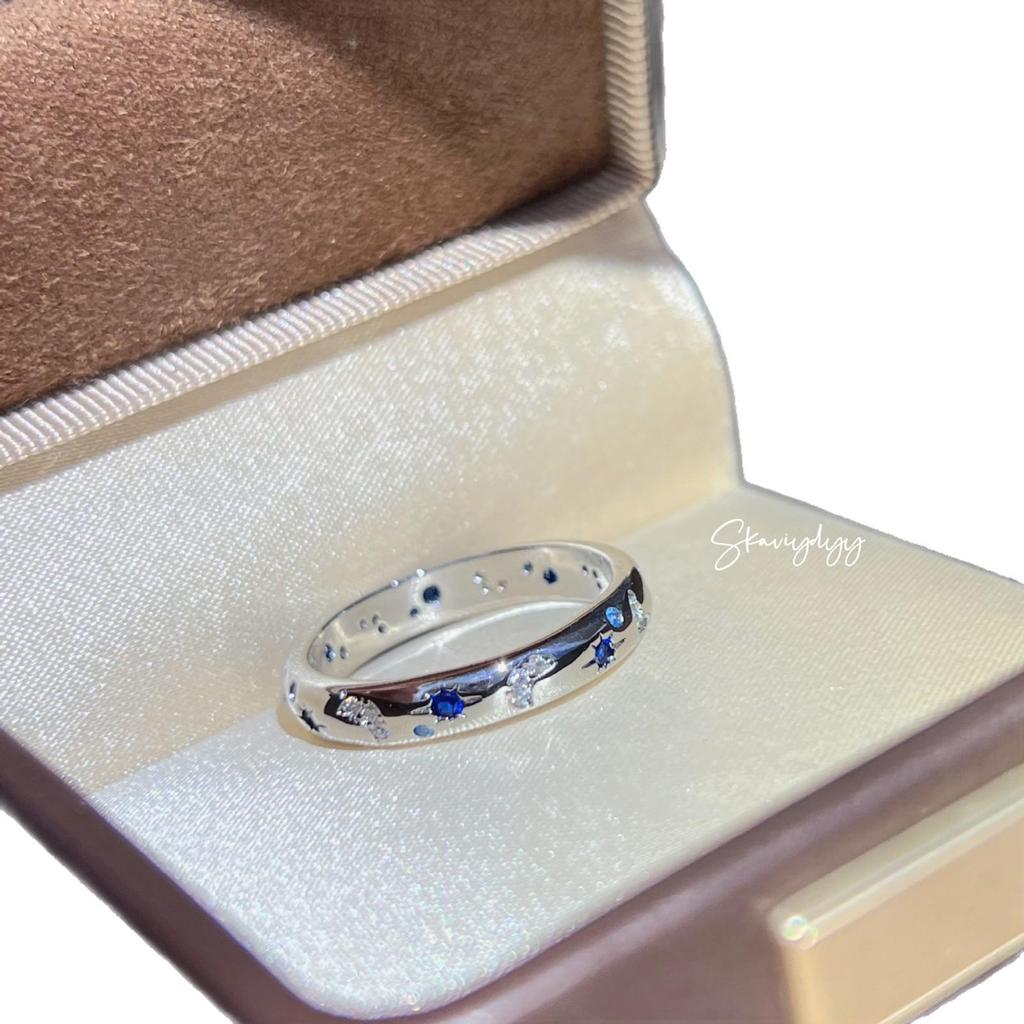 European Hot-Selling Blue Zircon Starry Sky Ring with Diamond Moon Inlay for Couples