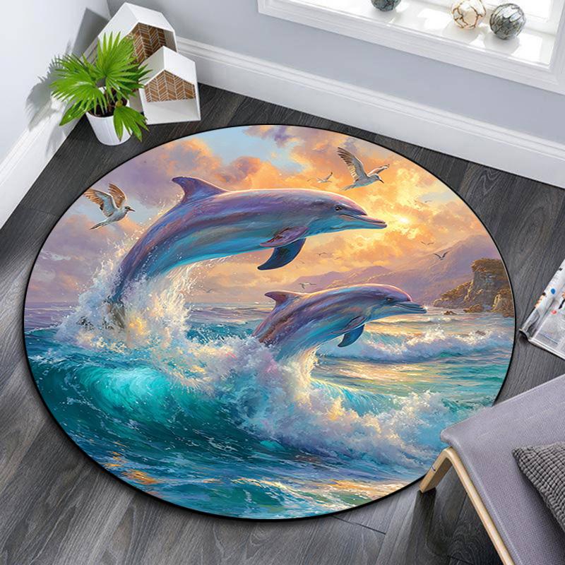 Dolphins Round Area Rug,Carpet Rug for Living Room Bedroom Sofa Playroom Decor,Non-slip Floor Mat