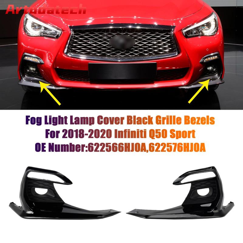 Artudatech Bumper Fog Light Lamp Cover Black Grille Bezels For 2018- Infiniti Q50 Sport Car Accessories