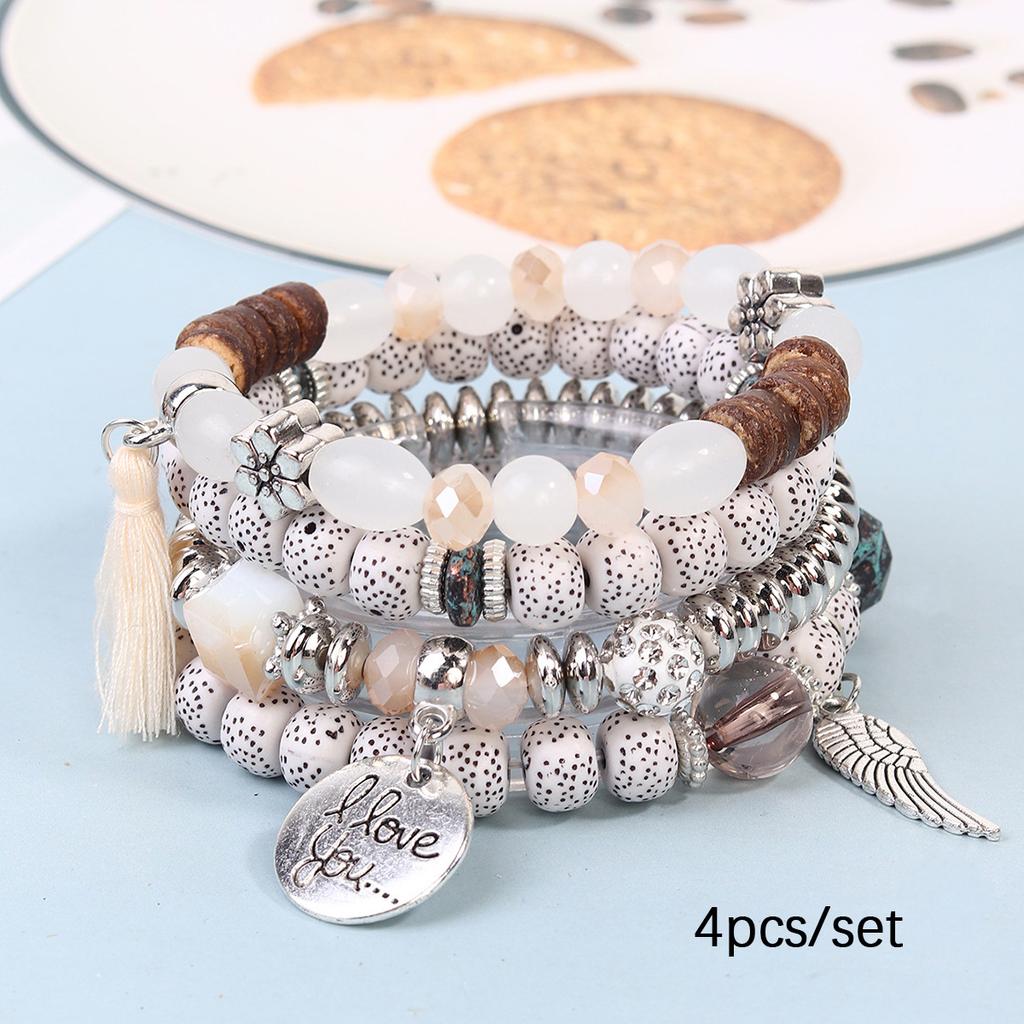 Bohemian Beaded Bracelet Set, Women's Stackable Stretch Bracelets with Tassel & Wing Charm