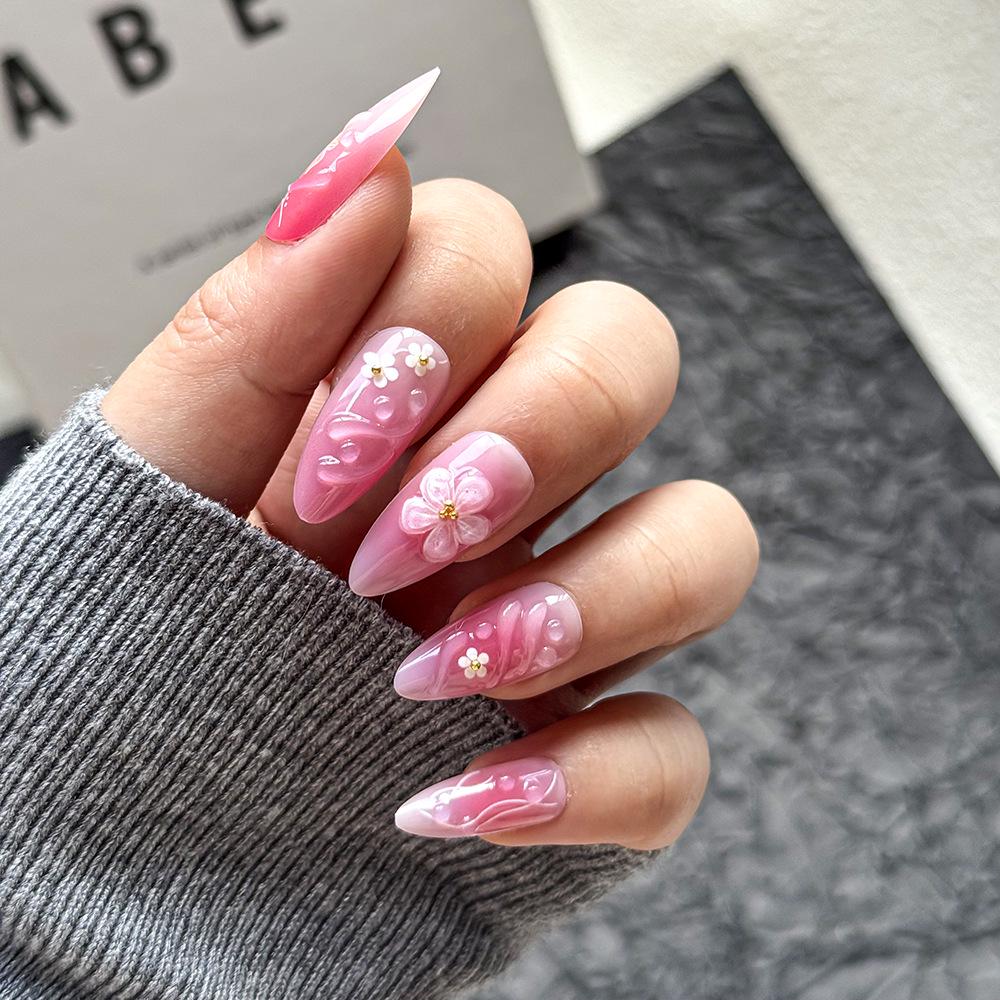 3D Glue Drip Flower Nail Art: 24 Skin-Brightening, Light Luxury Almond-Shaped Wearable Fake Nails