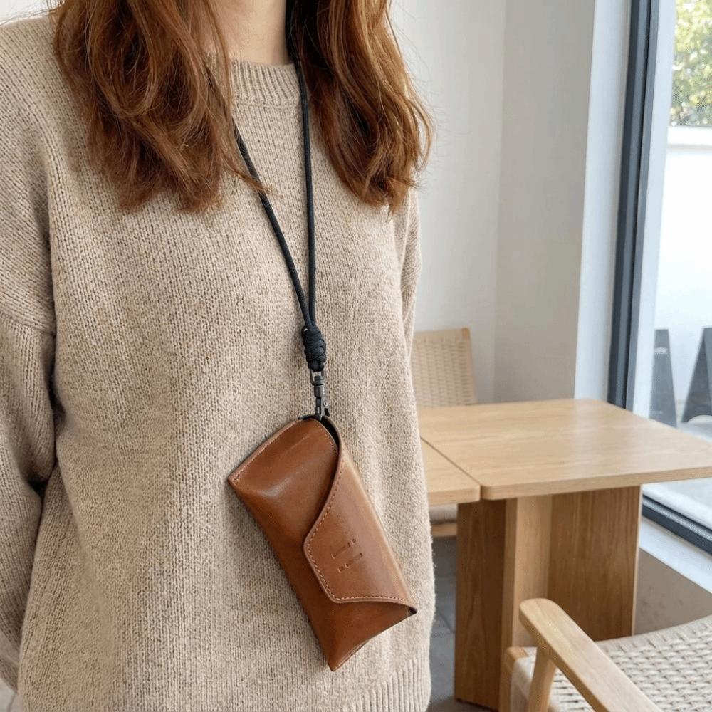 Anti-Fall Glasses Storage Bag Hanging Neck Sunglasses Eyeglass Bag PU Leather Glasses Bag Outdoor
