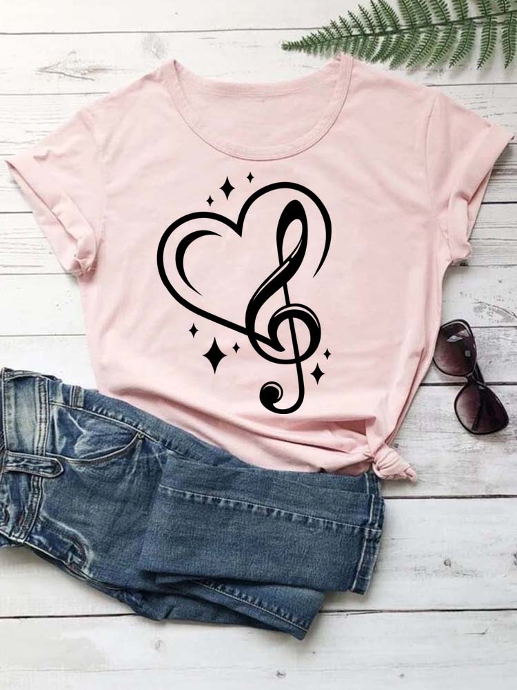Fashion Women T Shirt Musical Note Printed T Shirt Casual Black Tops 90s Ladies Girls Tee Shirt Female Harajuku Graphic T-shirt