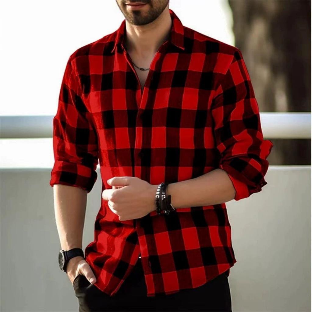 Camicia a quadri da uomo a maniche lunghe essenziale, casual e alla moda per l'uso quotidiano.