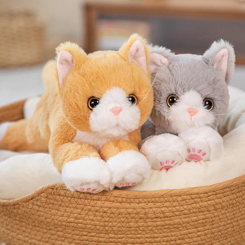45cm  INS Like Real Prone Cat Plush Doll Stuffed Pure Colors Grey White Yellow Kitten Toy Pets Animal  Gift