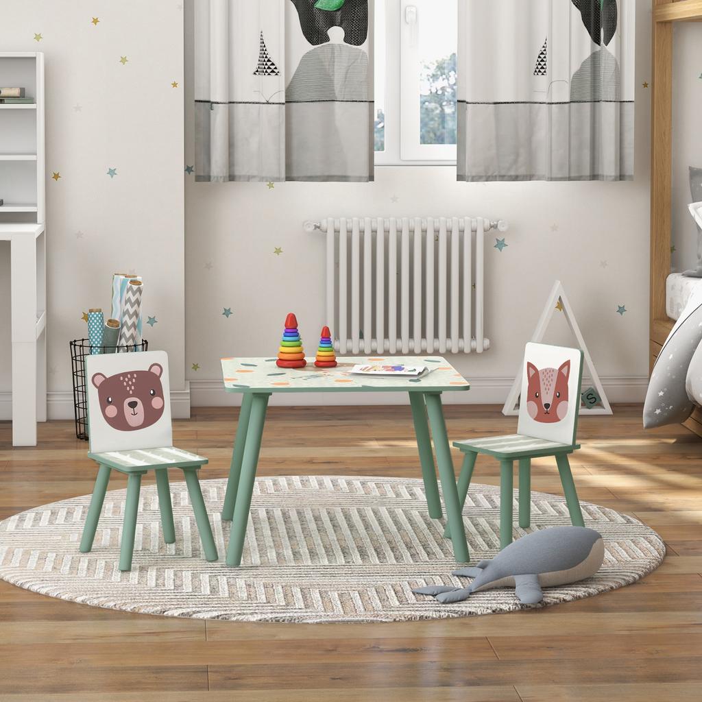Seating Set for Children 3-8 Years, 1 Table & 2 Chairs, Cute Animal Motif, Green