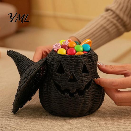 Rustic Fall Aesthetic Halloween Pumpkin Lantern Tabletop Decor, Woven Witch Hat Candy Bowl & LED Gothic Home Decor Prop, Centerpiece for Shelf Mantel