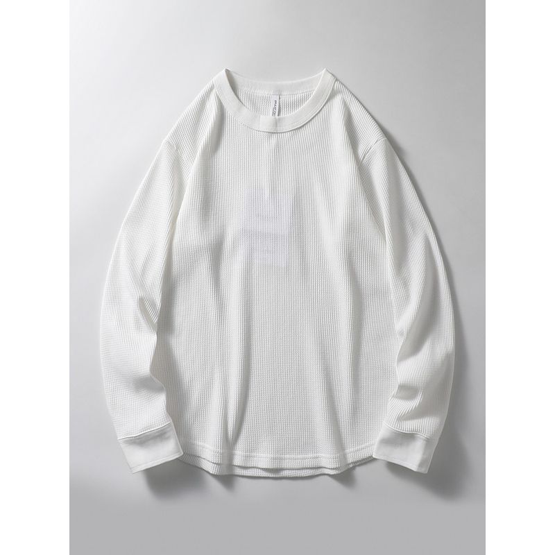 American-Style Retro Three-Pin Waffle Long-Sleeved T-shirt Men's Spring and Autumn Heavy round Neck Bottoming Shirt Export Menswear T-shirt