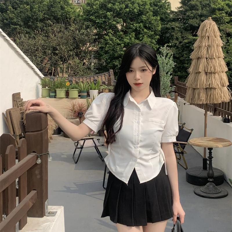 White JK waist shirt women's summer new design sense niche short unique chic short-sleeved top trendy
