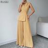 Women Casual Turn Down Collar Sleeveless Wide Leg Long Jumpsuits
