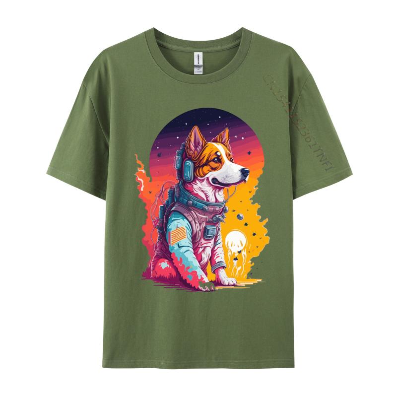 Hunde Astronauten Sonnenuntergang T-Shirt Druck Premium Baumwolle Rundhals Herren T-Shirts Hundeshirt Für Jungs Grafikshirts Herren